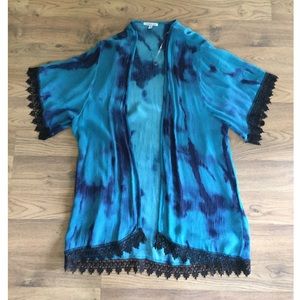 Blue/black tie dye lace trimmed kimono