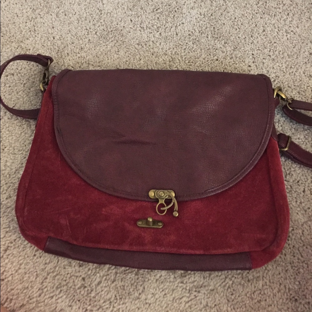 Burgundy faux suede messenger bag