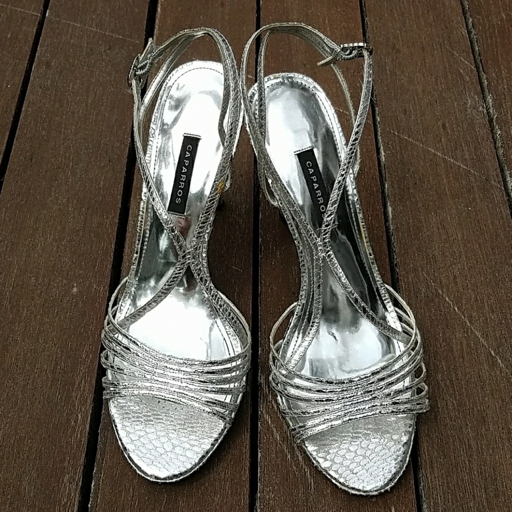 Caparros Silver Metallic Open Toe Heels Strappy Sandals Size 8.5 Formal Bridal - Picture 4 of 8
