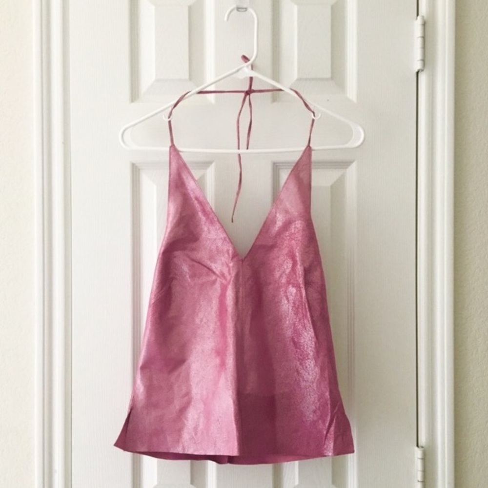 SOLD. Pink sparkly leather halter top - Picture 1 of 6