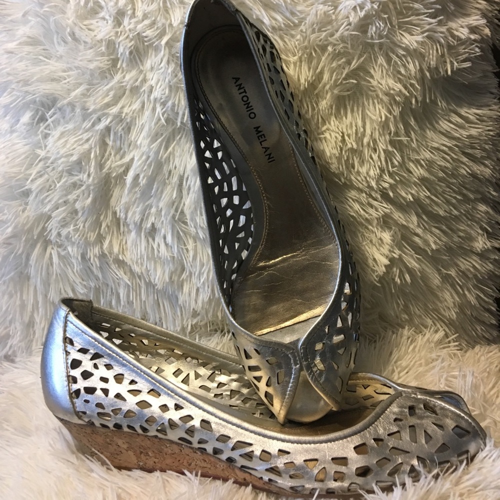 Antonio Melani Silver Leather Cut-out Cork Wedge