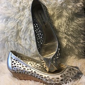 Antonio Melani Silver Leather Cut-out Cork Wedge