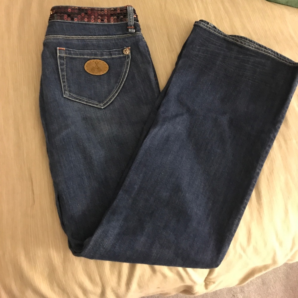 BCBGIRLS sequin waist/belt dark denim jeans