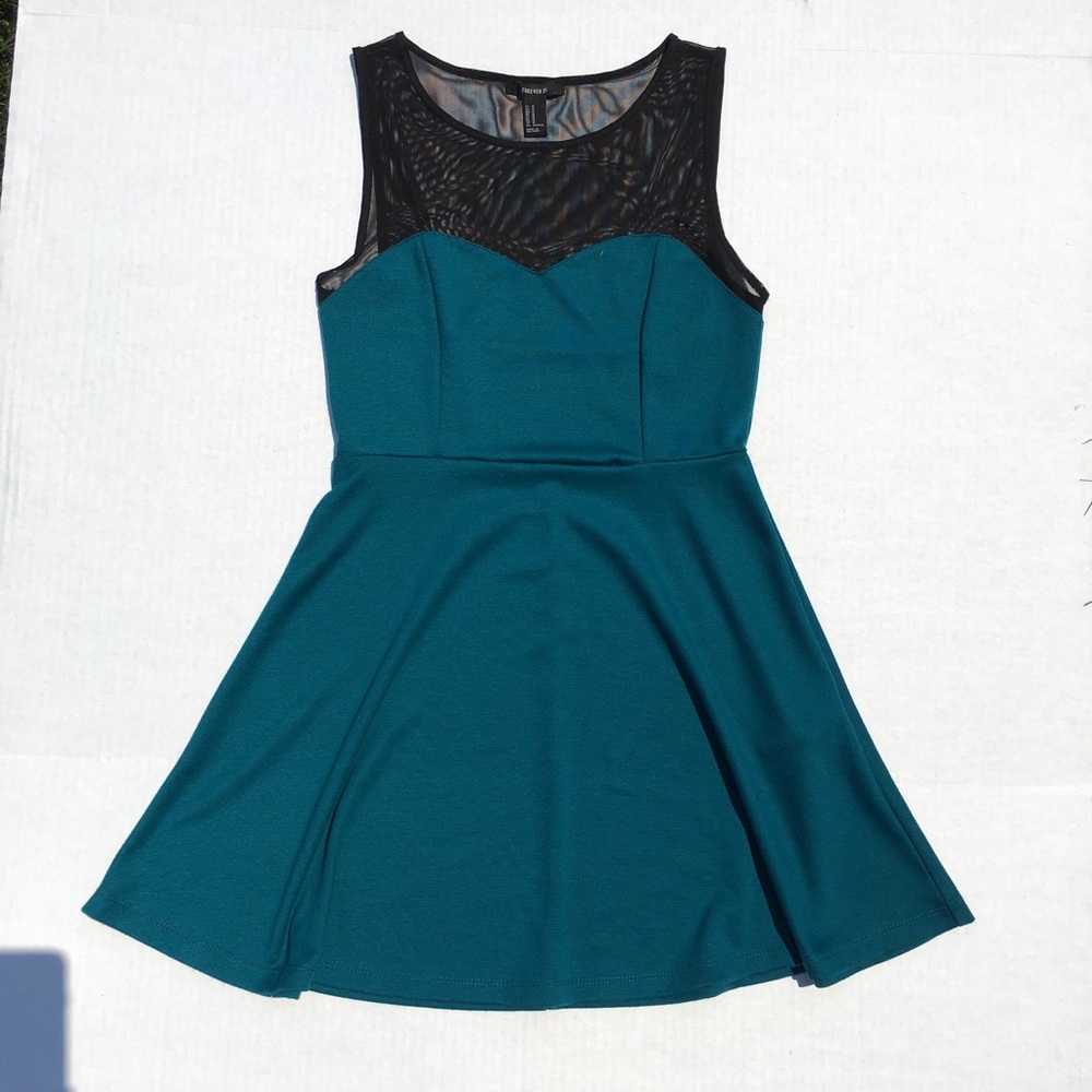 F21 teal, black skater dress, mesh sweetheart neck - Picture 2 of 8