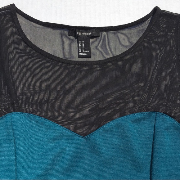 F21 teal, black skater dress, mesh sweetheart neck - Picture 3 of 8