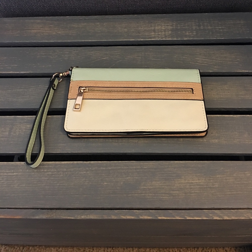 Mint green, tan, and cream Aldo wristlet