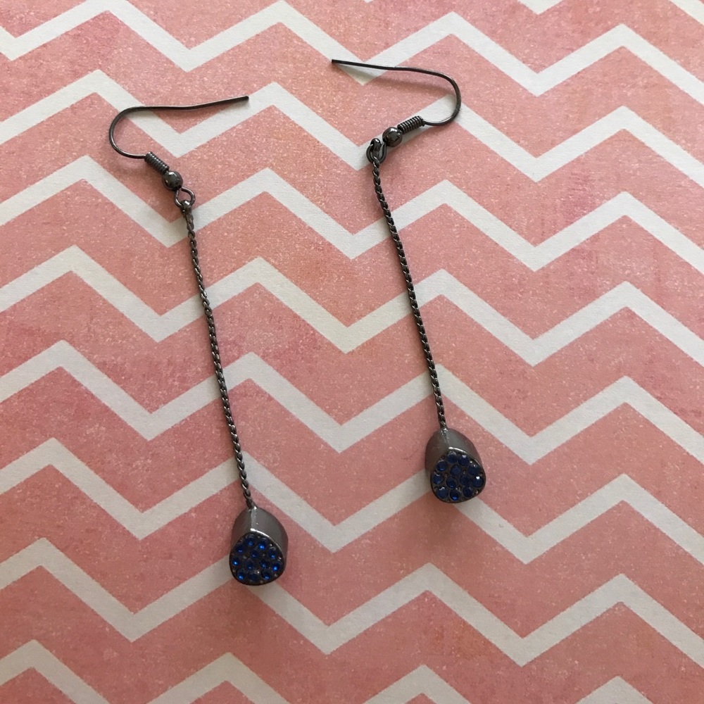 Long Silver Earrings with Blue Crystals