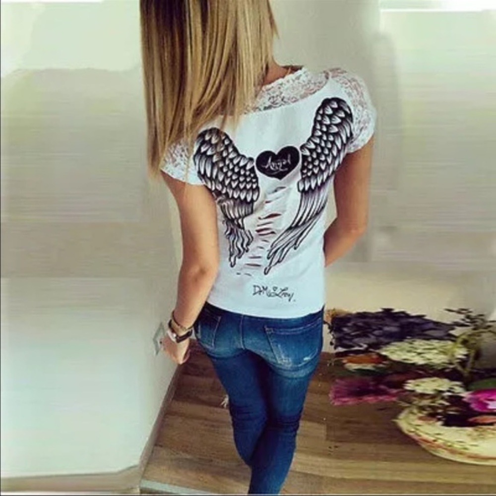 Angel Wings and Lace Sexy T White Shirt+ FREE GIFT - Picture 3 of 8