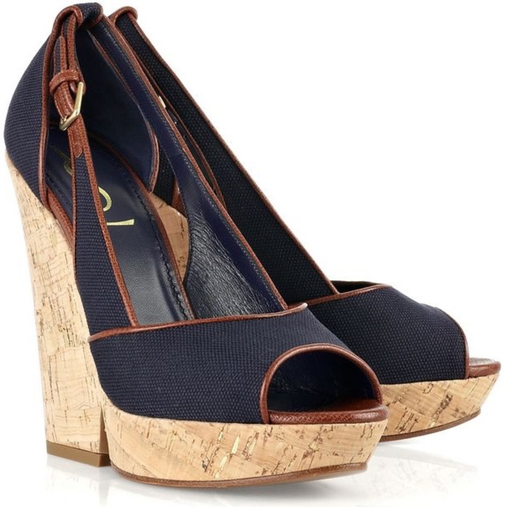 YSL Blue Deuville Canvas Wedge Sandals