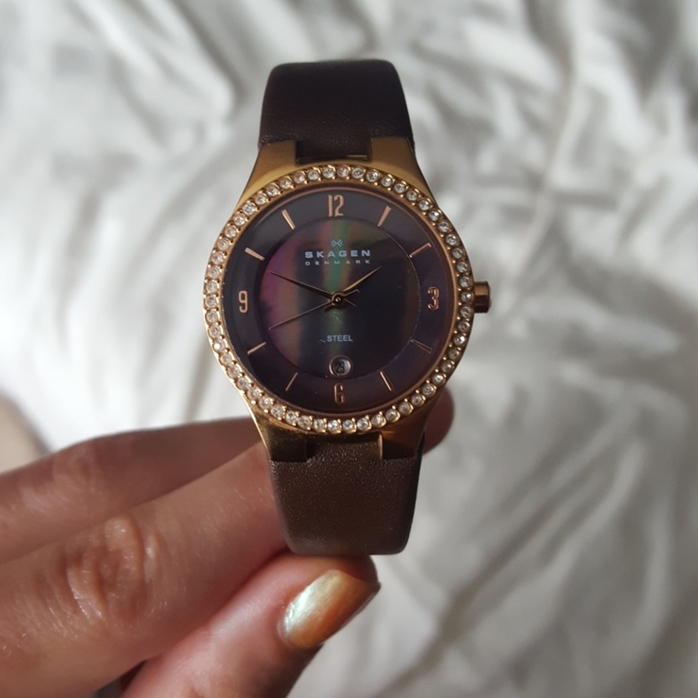 Skagen Brown genuine leather watch rose gold