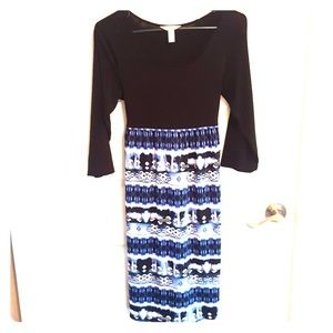 MATERNITY Dress. Black, blue, and white.