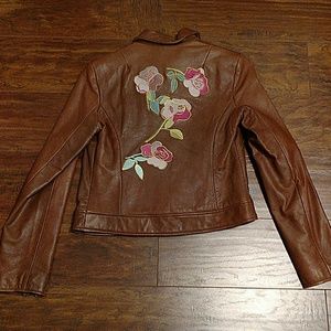 GUESS Rose Embellished Brown Leather Jacket