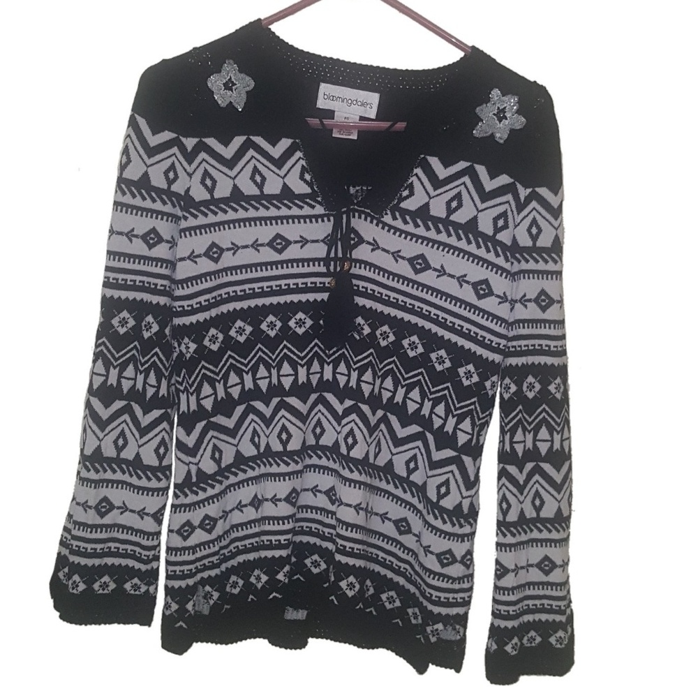 Bloomingdale's Black & White Sequin Flower Sweater