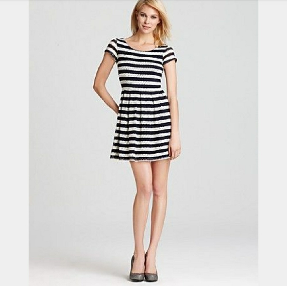 Aqua Navy White Striped Eyelet Party Dress - Small