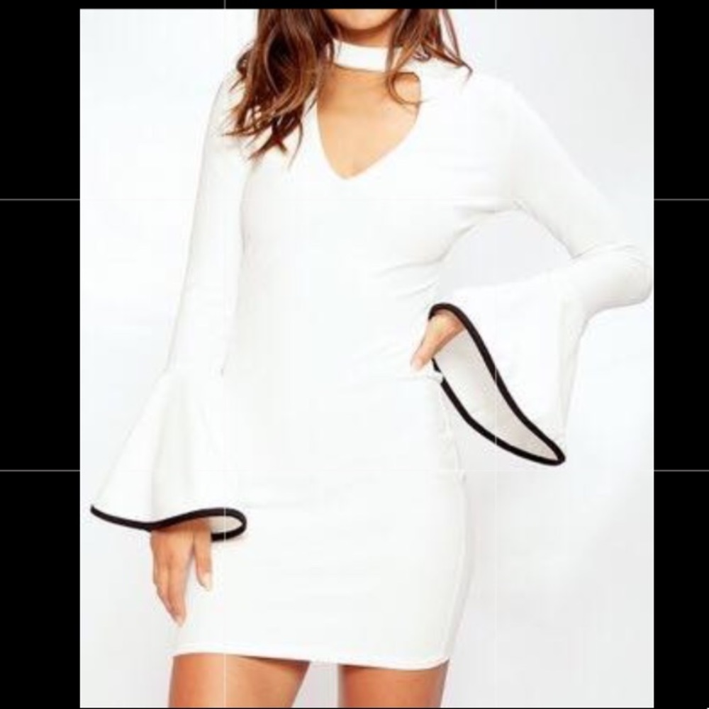 Black Bell Sleeve Dress White Trim Choker Neck XS