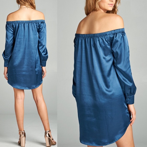 PAULINE Slick Off Shoulder Dress - BLUE - Picture 2 of 2