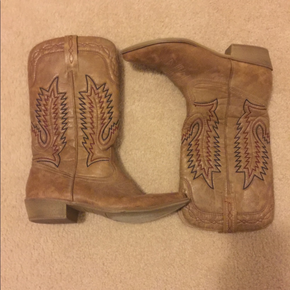 Tan, blue, and red heeled boots