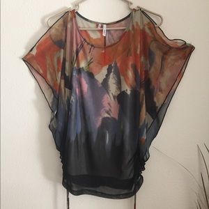 Black/Blue/Orange sheer top w/Camisole attached