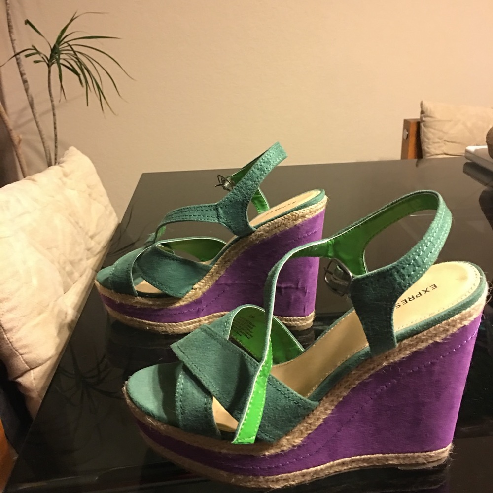 Express. Green and purple wedge heels. Size 10.