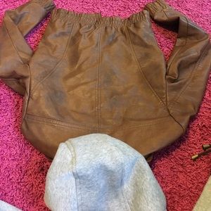 Brown hooded layered leather bomber jacket