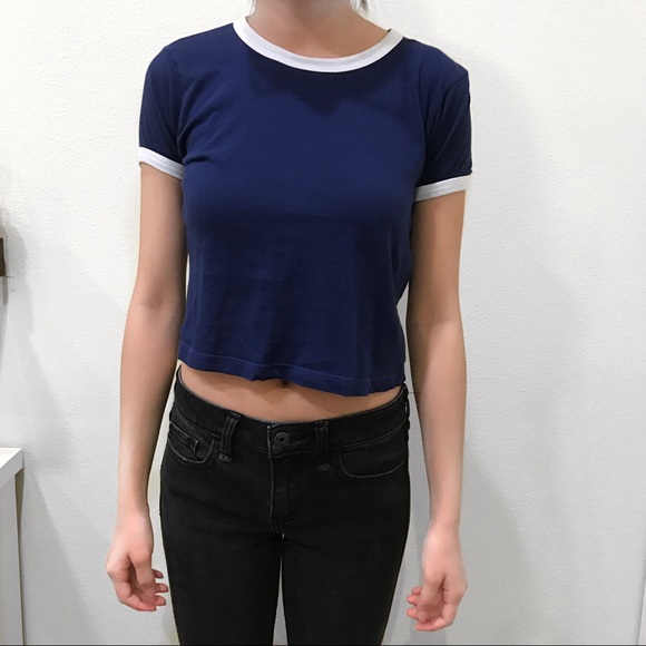 Navy tee with white stripe on sleeve and collar - Picture 1 of 1