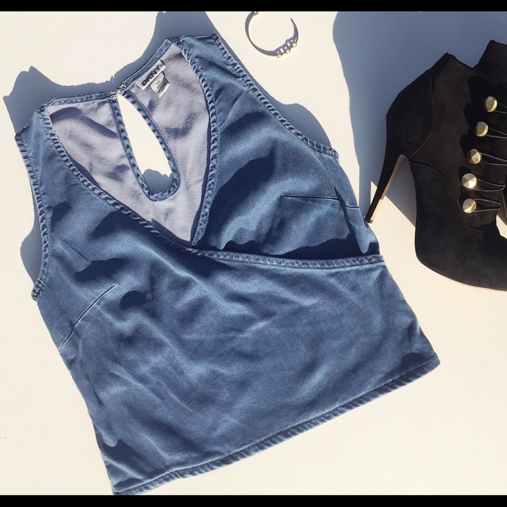 DKNY Denim Deep V-Neck Cross Front Top Blouse Tank