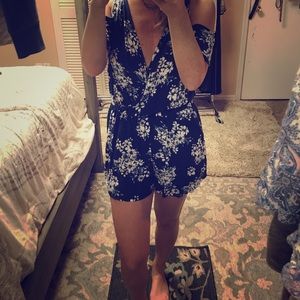 Blue and white floral romper