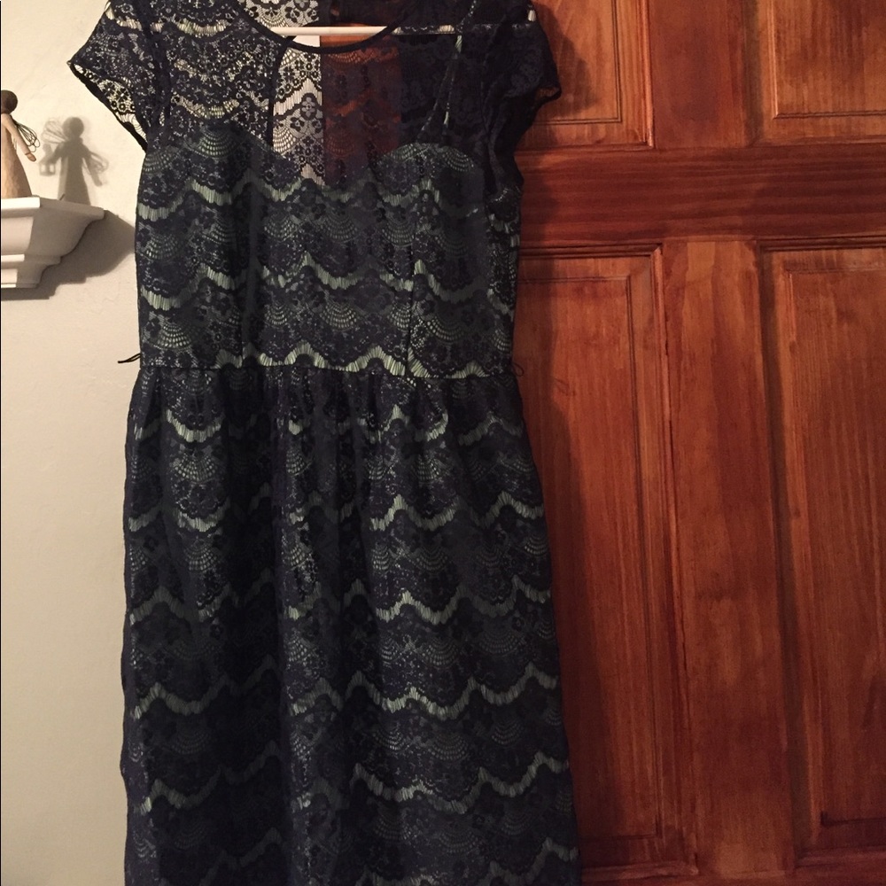 Navy and Mint lace dress with keyhole back