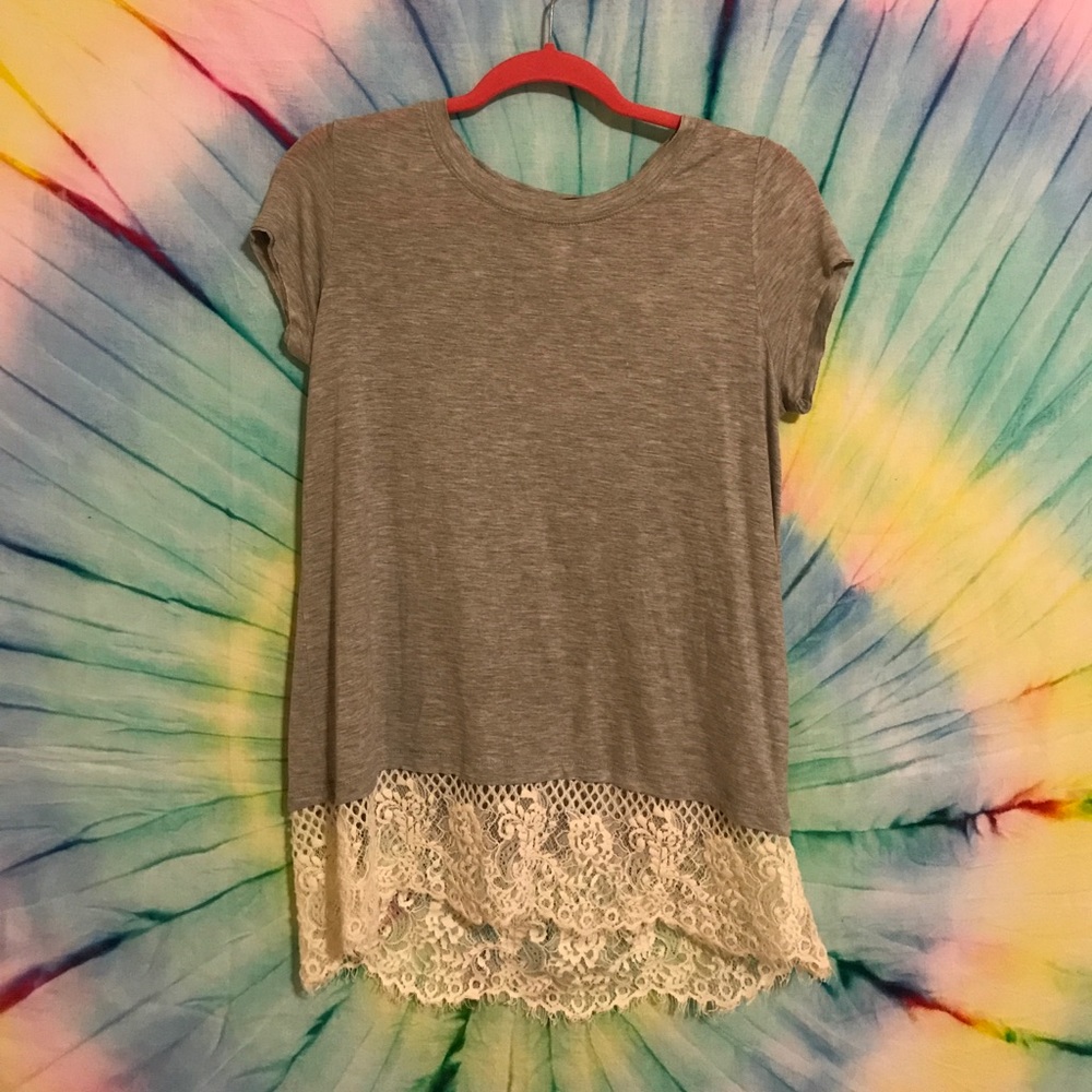 Long, Gray Scoop Neck Tee with White Lace Trim