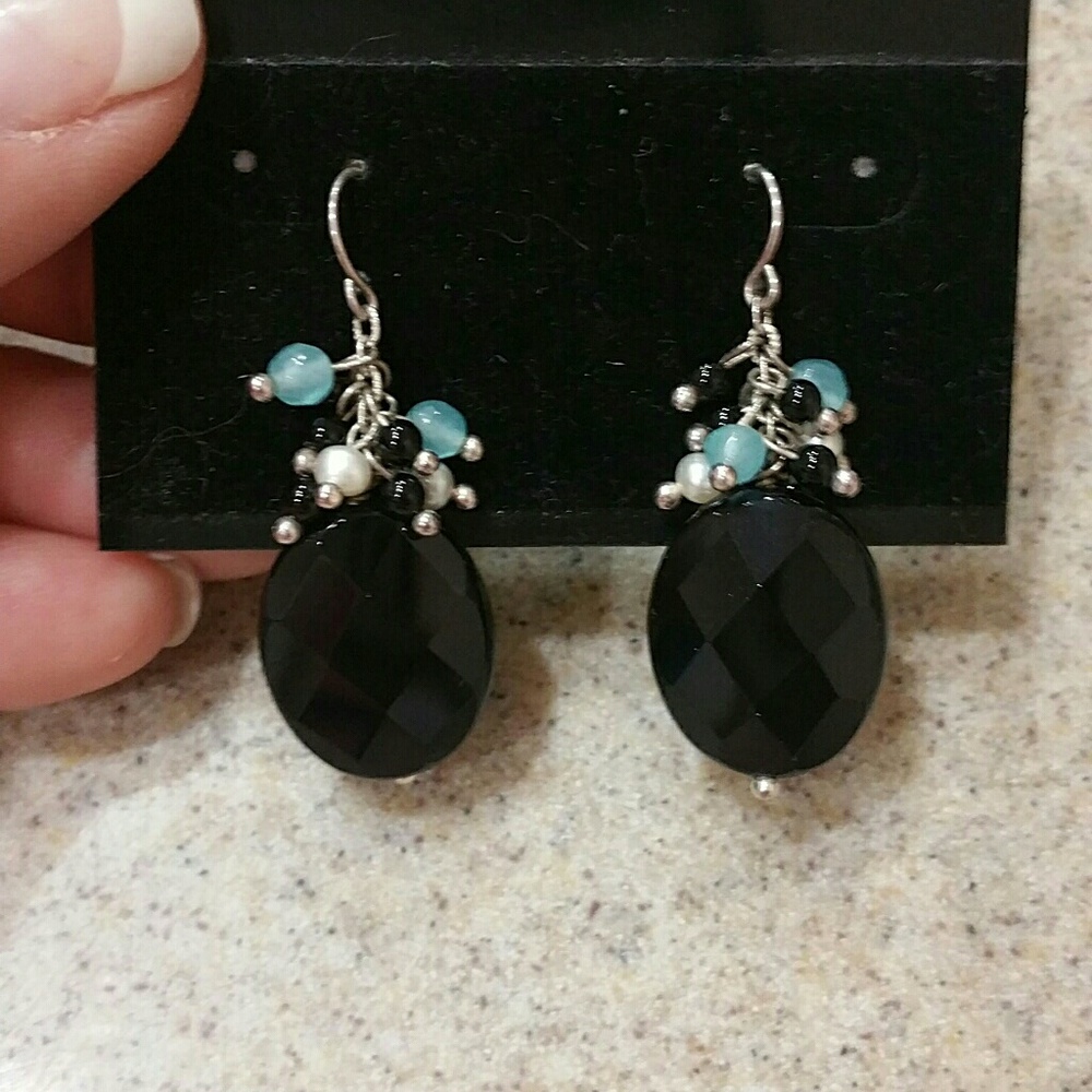 Black onyx,(diamond cut)pearl,amazonite  Earrings *NEW*
