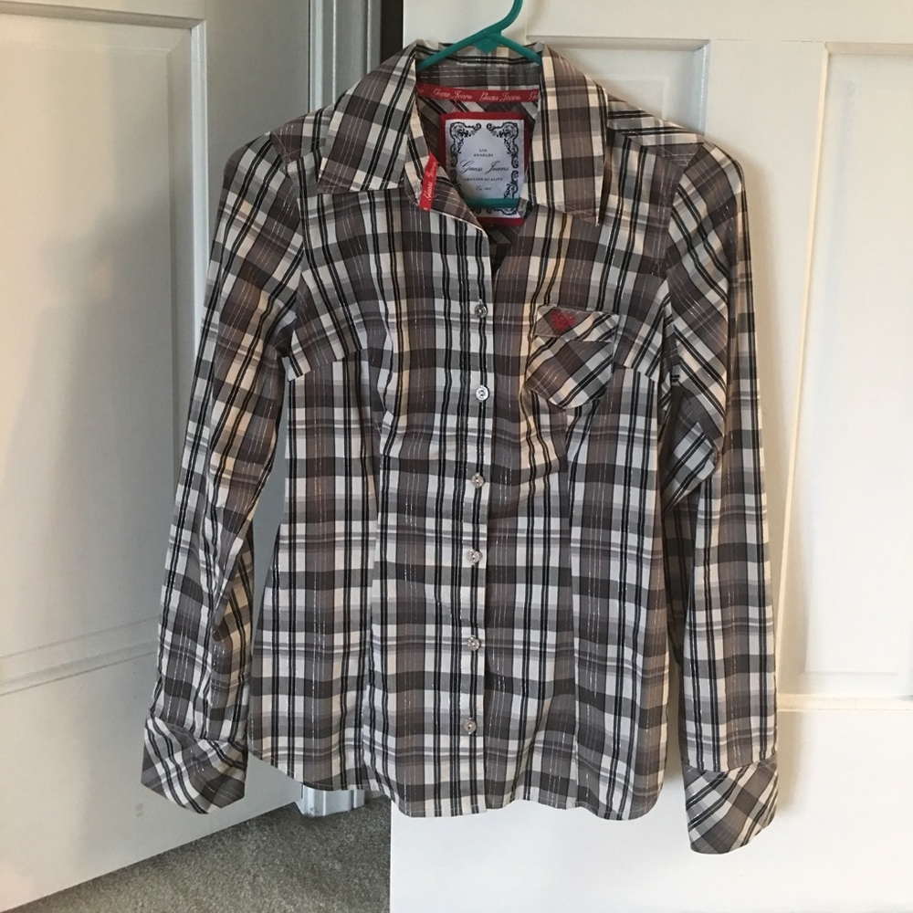 GUESS silver striped long sleeve flannel