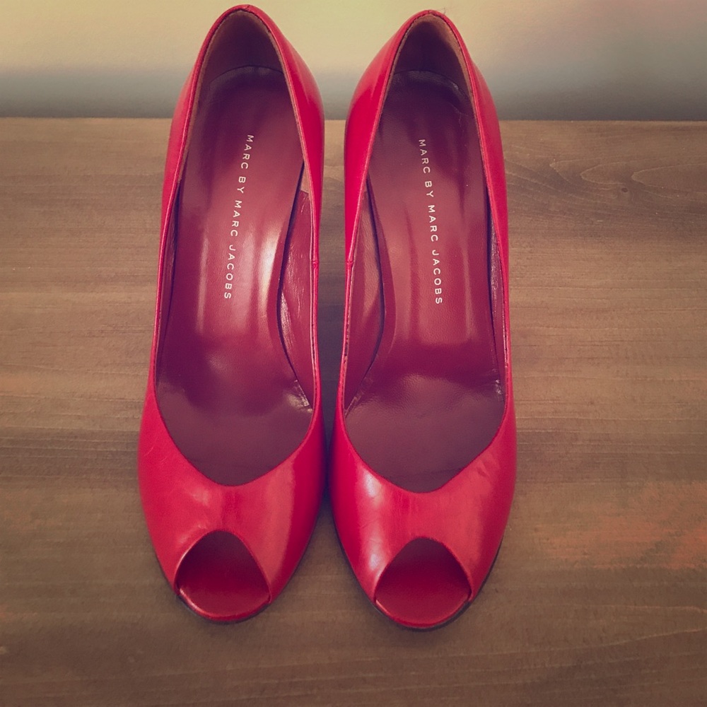 Marc by Marc Jacobs Red Leather Peep Toe Pumps