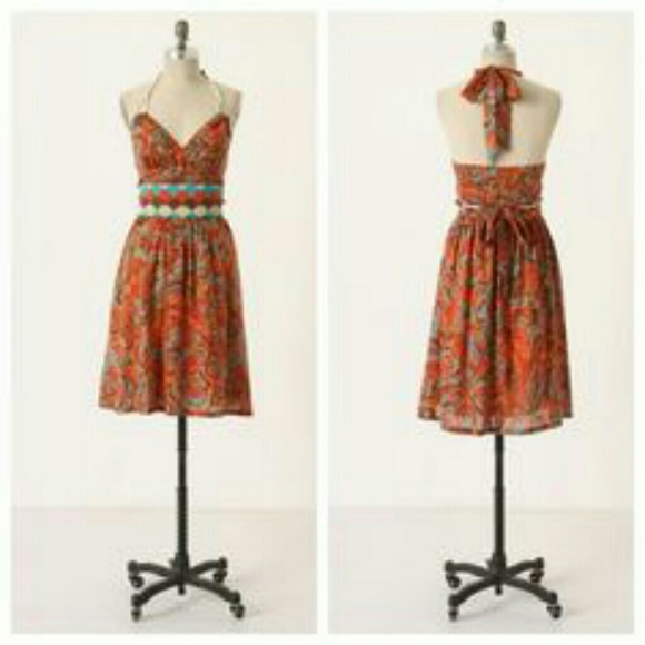 ANTHROPOLOGIE TROPICAL PRINT ROPE TIE HALTER DRESS - Picture 2 of 6