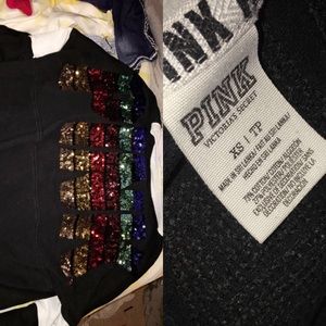 PINK GOOD VIBES sequin varsity crew