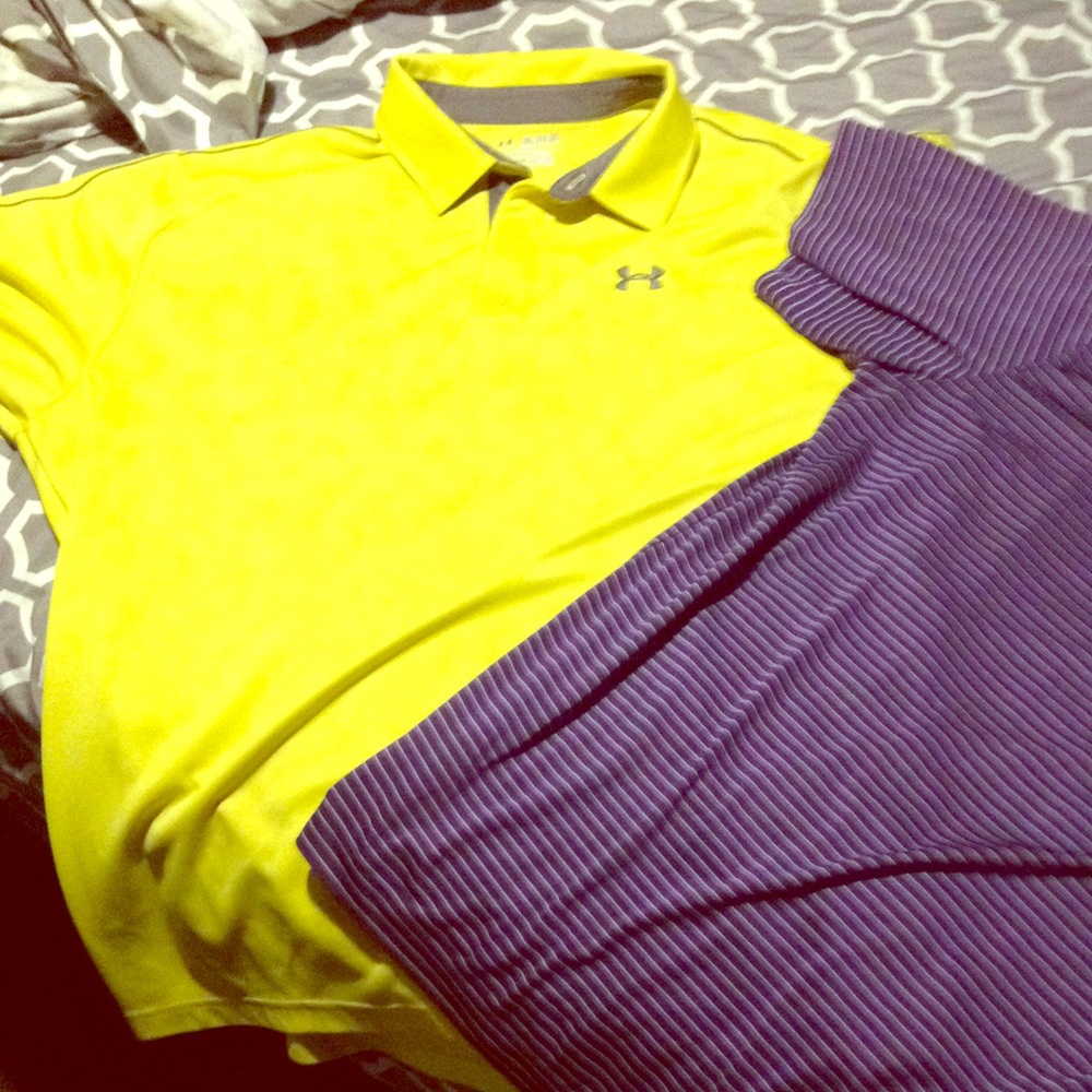 Yellow under armour and purple Nike golf shirts