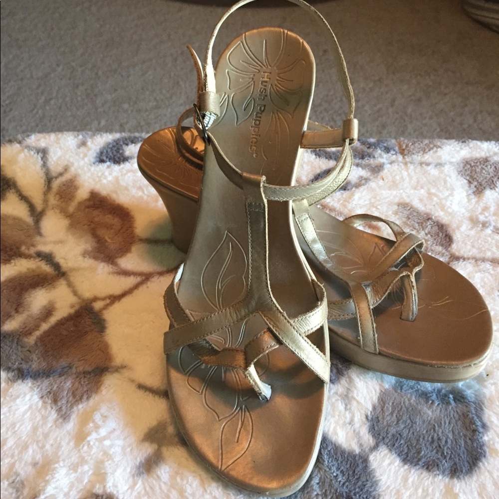 Hush Puppies Wedge T-Strap Sandals-Gold/Beige