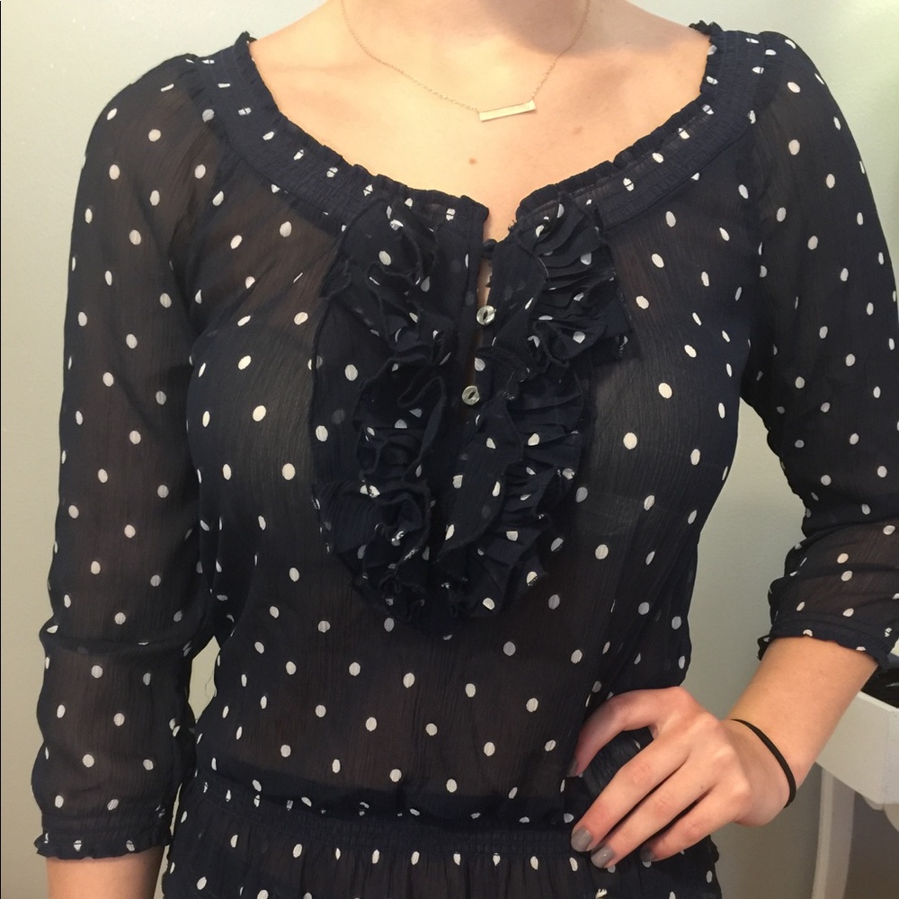 Navy/white polka dot blouse size L