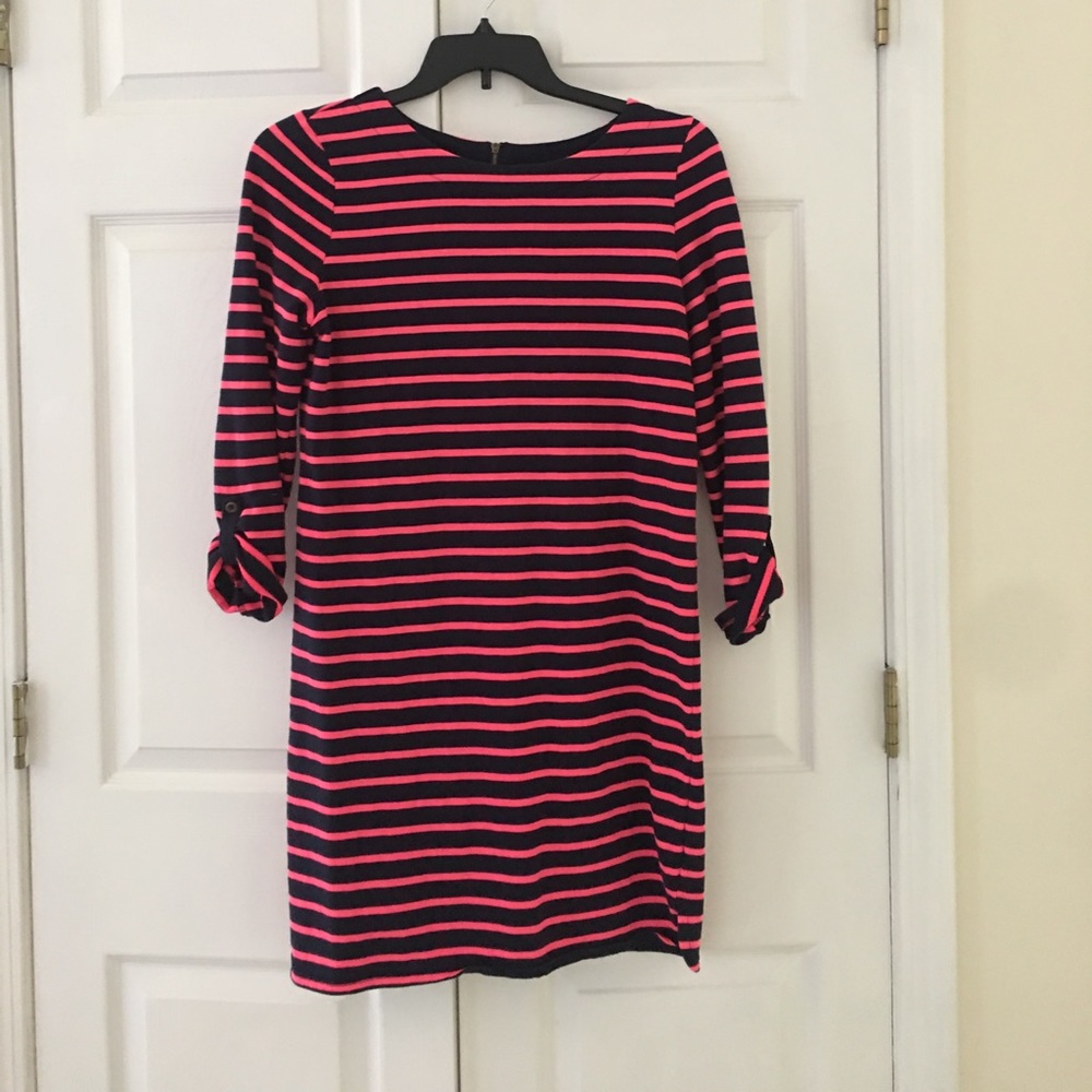 navy and bright pink striped shift dress