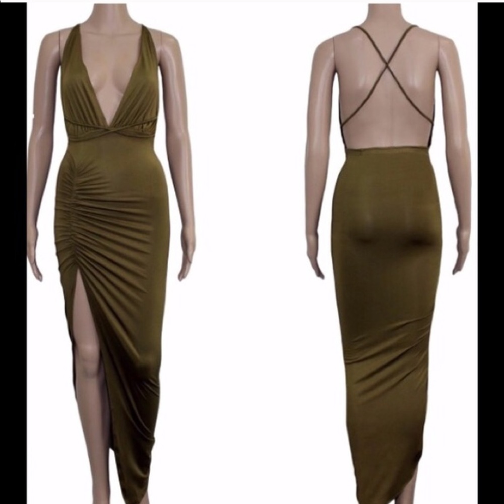 Low Back Plunge Green Asymmetrical Mini Dress