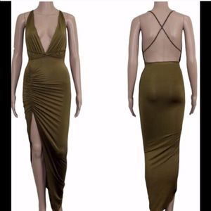 Low Back Plunge Green Asymmetrical Mini Dress