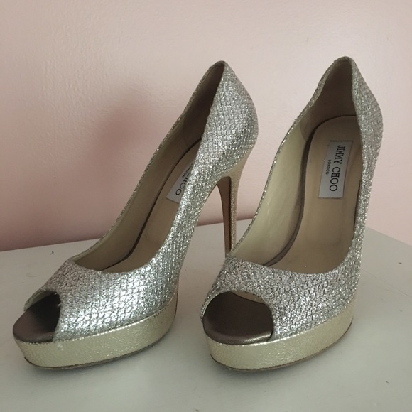 Jimmy Choo -Leather & Silver Glitter Luna Peep Toe