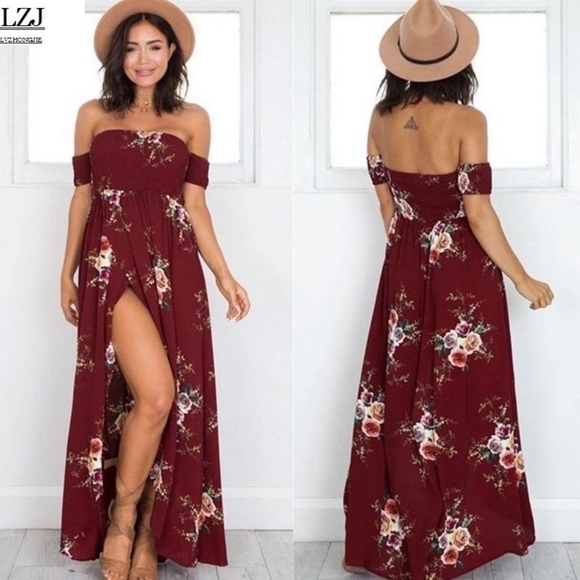 UP TO XXL!  Sexy Burgandy Off shoulder Floral Maxi - Picture 2 of 6