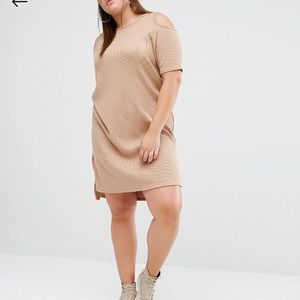 Tan cold shoulder shift dress with side splits