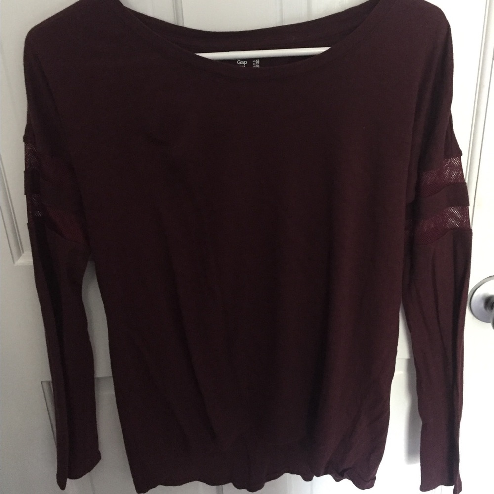 long sleeved maroon top w/ mesh stripes on sleeves