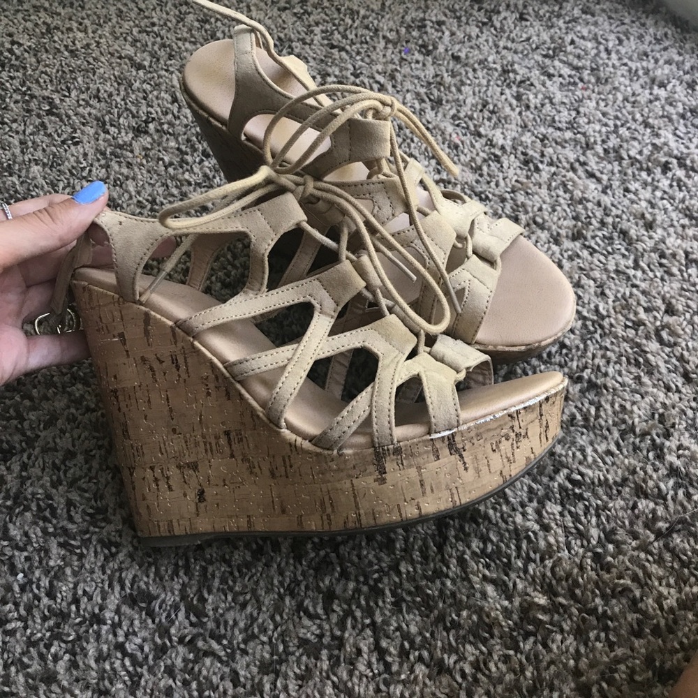 Nude lace up wedges