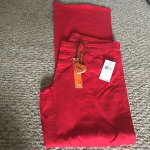 Red mid-rise bell bottom jeans