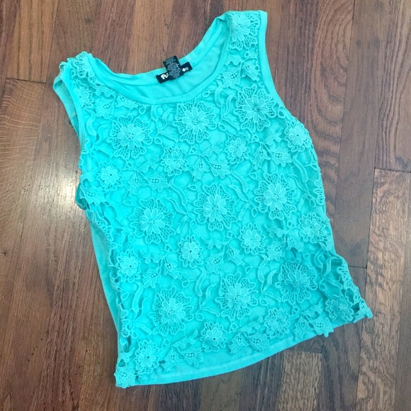 Planet Gold Tops - Aqua Crochet overlay Tank top
