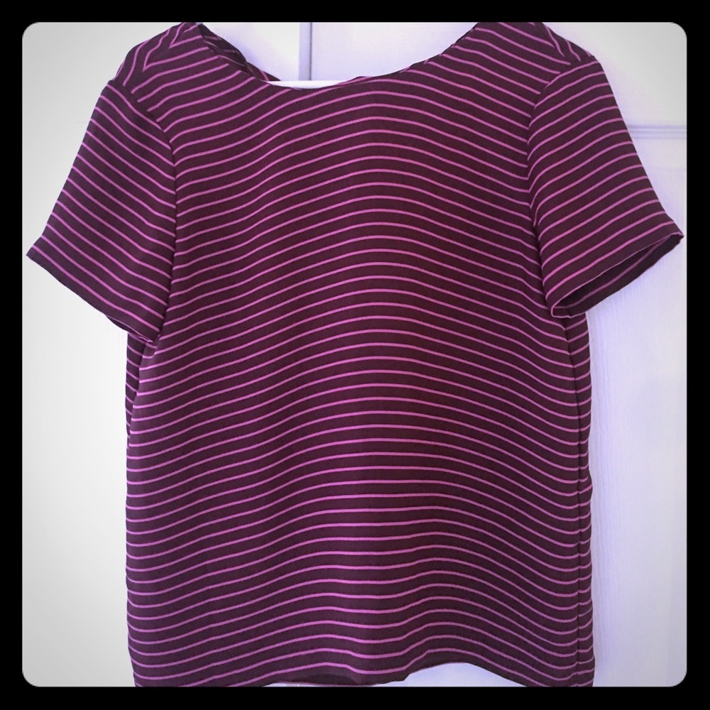 LOFT chocolate and pink striped blouse with button