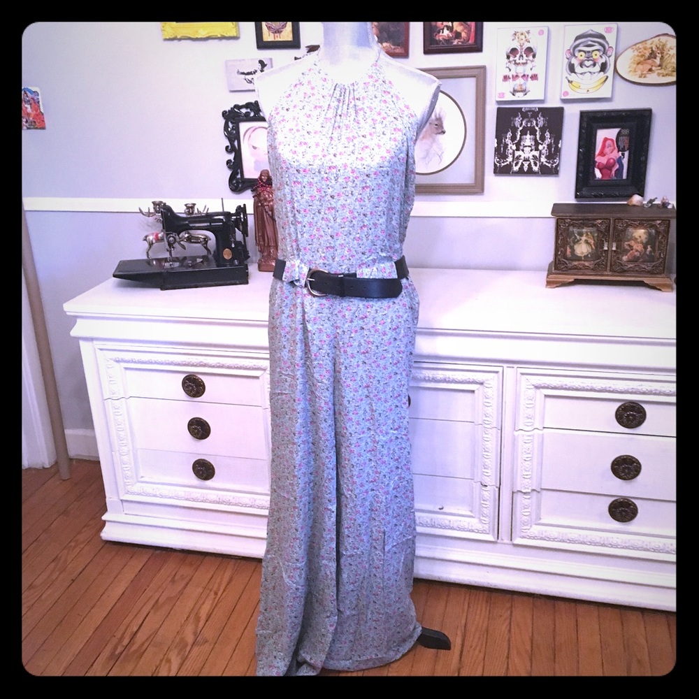 Baby Blue Floral Halter Jumpsuit, wide leg, boho