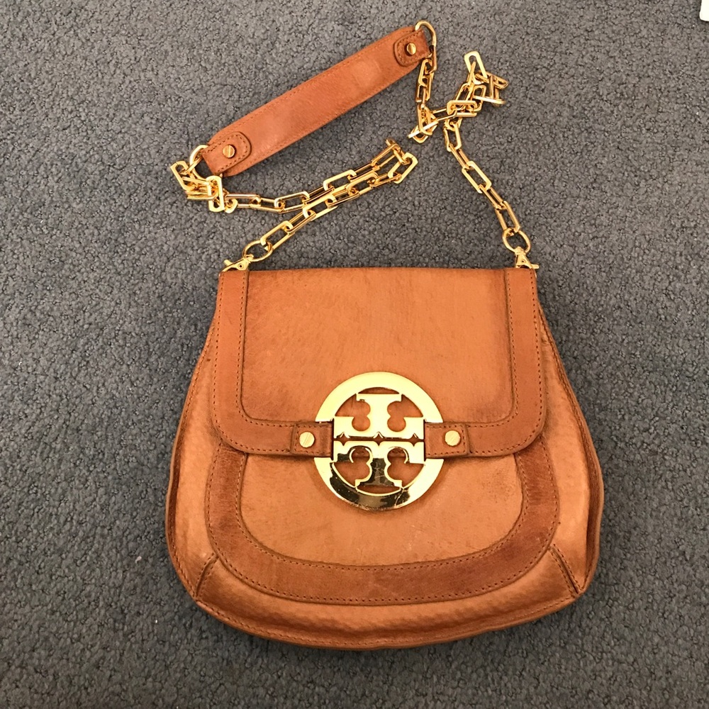 Tory Burch tan and gold cross body bag